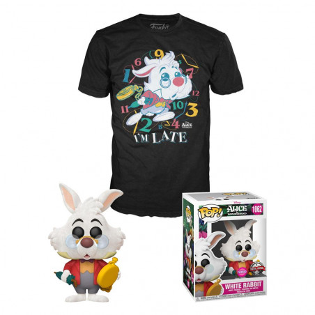 T-SHIRT S + WHITE RABBIT / ALICE AU PAYS DES MERVEILLES / FIGURINE FUNKO POP / EXCLUSIVE SPECIAL EDITION / FLOCKED