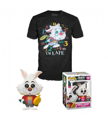 T-SHIRT M + WHITE RABBIT / ALICE AU PAYS DES MERVEILLES / FIGURINE FUNKO POP / EXCLUSIVE SPECIAL EDITION / FLOCKED