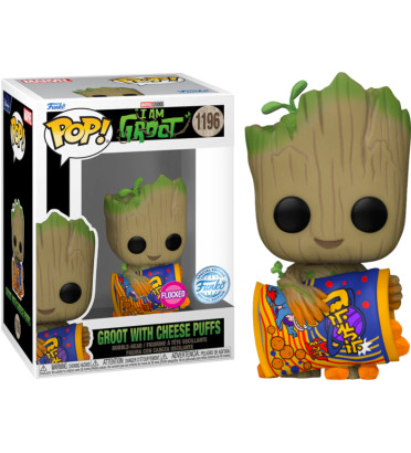 GROOT WITH CHEESE PUFFS / I AM GROOT / FUNKO POP / EXCLUSIVE SPECIAL EDITION / FLOCKED