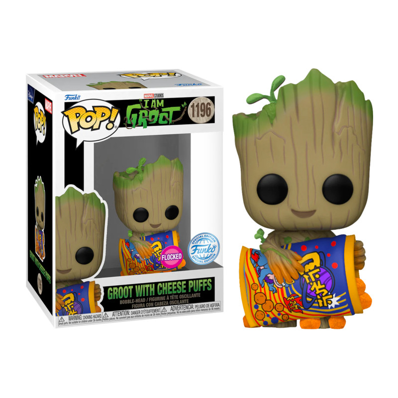 GROOT WITH CHEESE PUFFS / I AM GROOT / FUNKO POP / EXCLUSIVE SPECIAL EDITION / FLOCKED