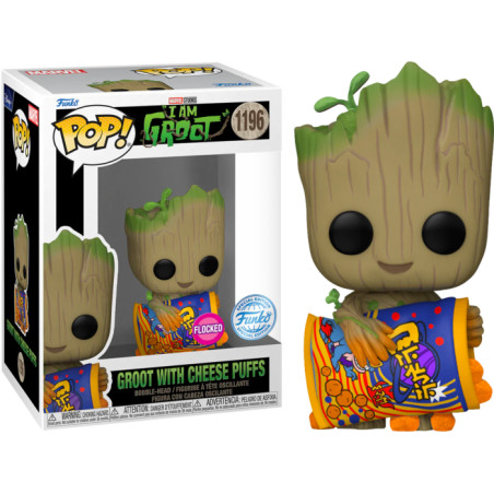 GROOT WITH CHEESE PUFFS / I AM GROOT / FIGURINE FUNKO POP / EXCLUSIVE SPECIAL EDITION / FLOCKED