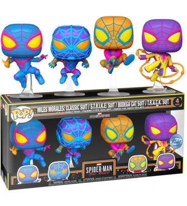 4 PACK MILES MORALES BLACKLIGHT / SPIDER MAN MILES MORALES / FIGURINE FUNKO POP / EXCLUSIVE SPECIAL EDITION