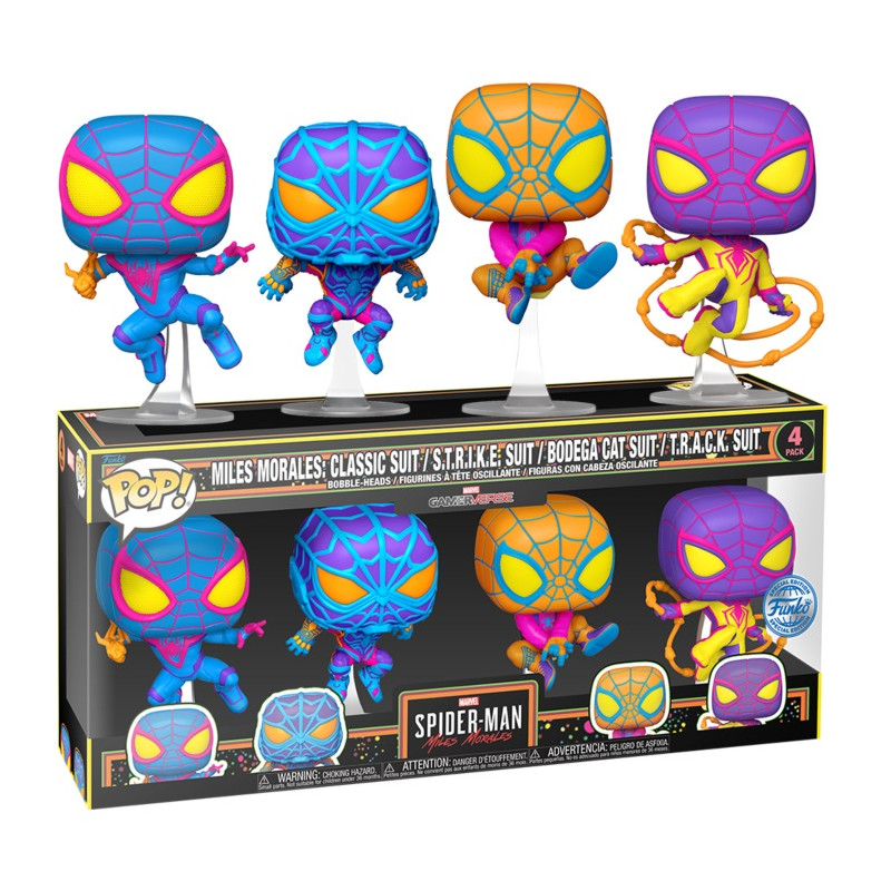 4 PACK MILES MORALES BLACKLIGHT / SPIDER MAN MILES MORALES / FIGURINE FUNKO POP / EXCLUSIVE SPECIAL EDITION