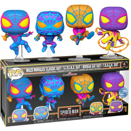 4 PACK MILES MORALES BLACKLIGHT / SPIDER MAN MILES MORALES / FIGURINE FUNKO POP / EXCLUSIVE SPECIAL EDITION