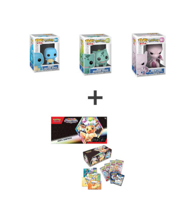 BUNDLE BOITE SURPRISE EV8.5 + 3 FUNKO POP MEWTWO/SQUIRTLE/BULBASAUR