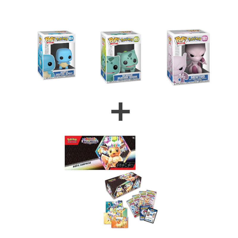 BUNDLE BOITE SURPRISE EV8.5 + 3 FUNKO POP MEWTWO/SQUIRTLE/BULBASAUR