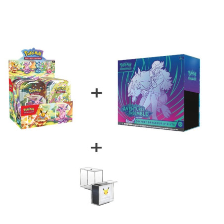 BUNDLE DISPLAY MINI TIN EV8.5 + ETB EV09 + PROTECTION ACRYLIQUE EVORETRO / CARTE POKEMON VF