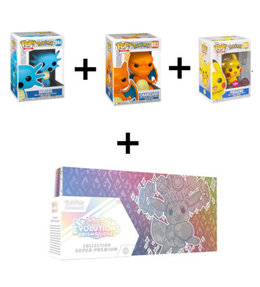 BUNDLE COLLECTION SUPER PREMIUM EV8.5 + 3 FUNKO POP POKEMON