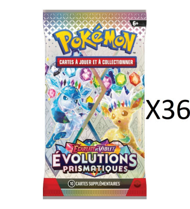 LOT DE 36 BOOSTERS EVOLUTIONS PRISMATIQUES EV8.5 (SORTIE DE COFFRETS ABIMEES) / CARTE POKEMON VF LOT DE 36 BOOSTERS EVOLUTIONS PRISMATIQUES EV8.5 (SORTIE DE COFFRETS ABIMEES) / CARTE POKEMON VF