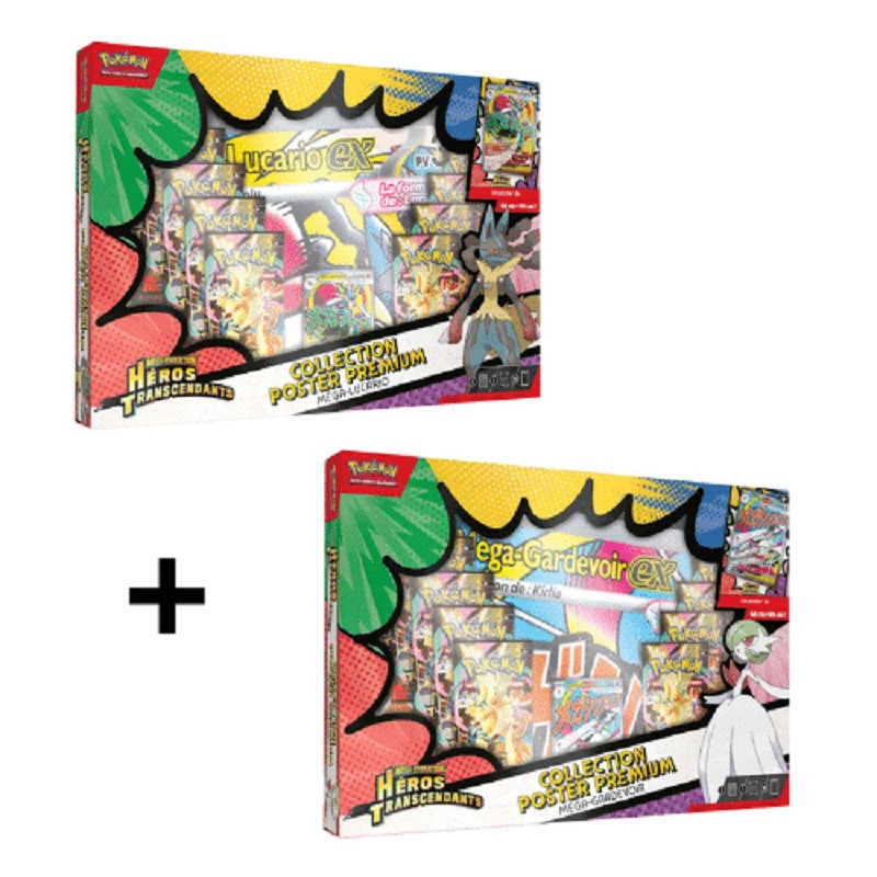 LOT DE 2 COFFRETS POSTERS MEGA GARDEVOIR EX ET MEGA LUCARIO EX HEROS TRANSCENDANTS ME2.5 / CARTE VF