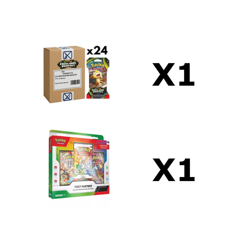 BUNDLE CASE 24 BLISTERS POKEMON ME03 EQUILIBRE PARFAIT + FIRST PARTNER SERIE 1 / CARTE VF